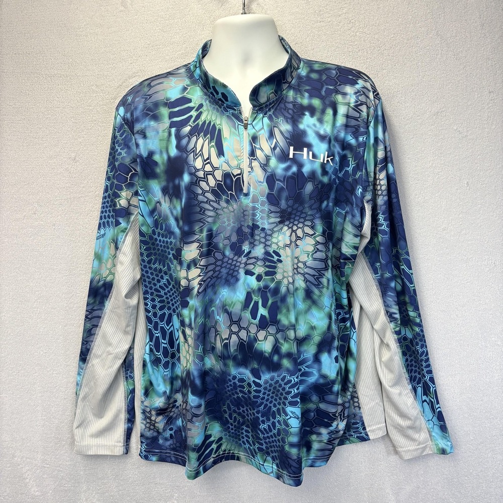 Huk Mens Fishing Shirt XL Blue Kryptek Pontus 1/4 Zip Long Sleeve Performance